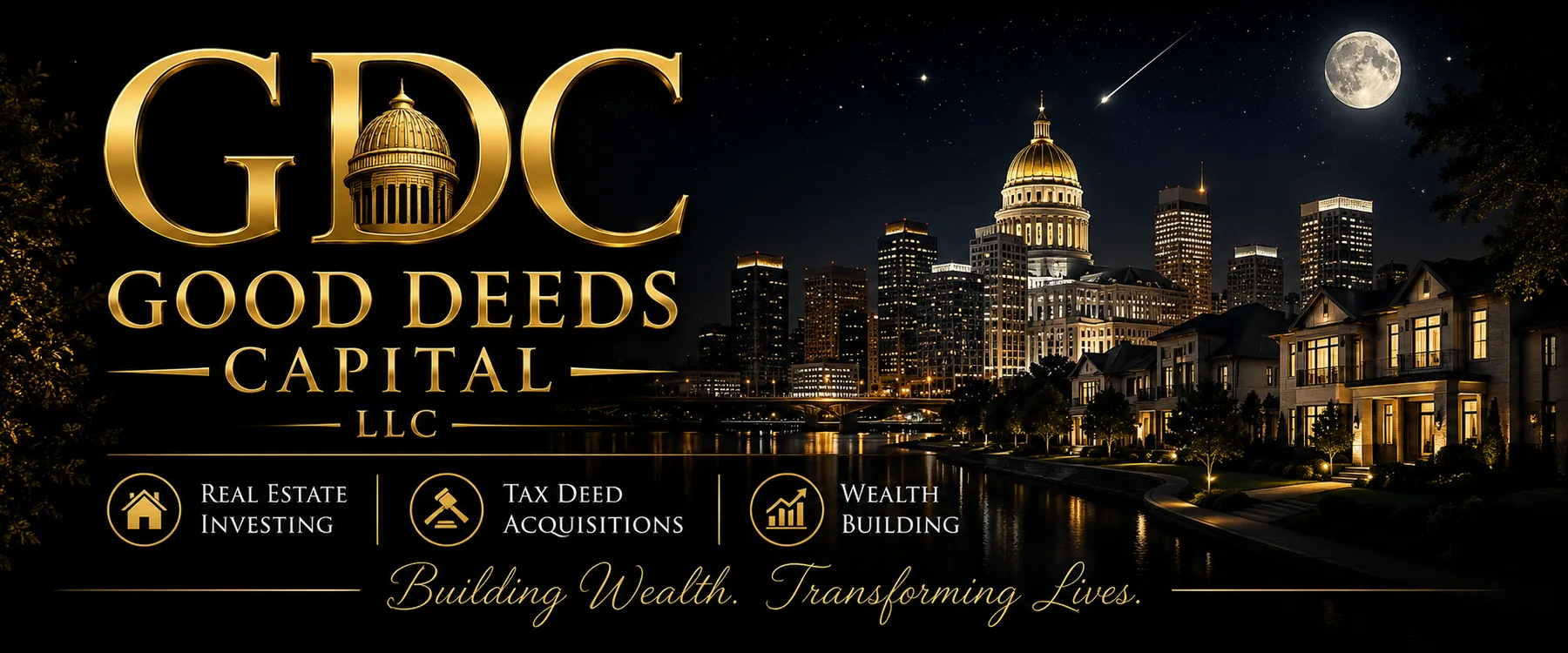 Good Deeds Capital LLC banner with Louisville skyline, luxury homes, and real estate investing specialties.